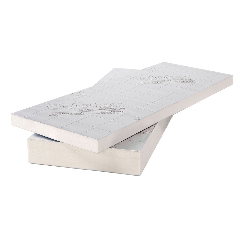 Celotex CW4000 insulation board, measuring 40mm x 1200mm x 450mm, features a smooth, silver foil surface with embossed branding and a rigid foam structure for thermal insulation.