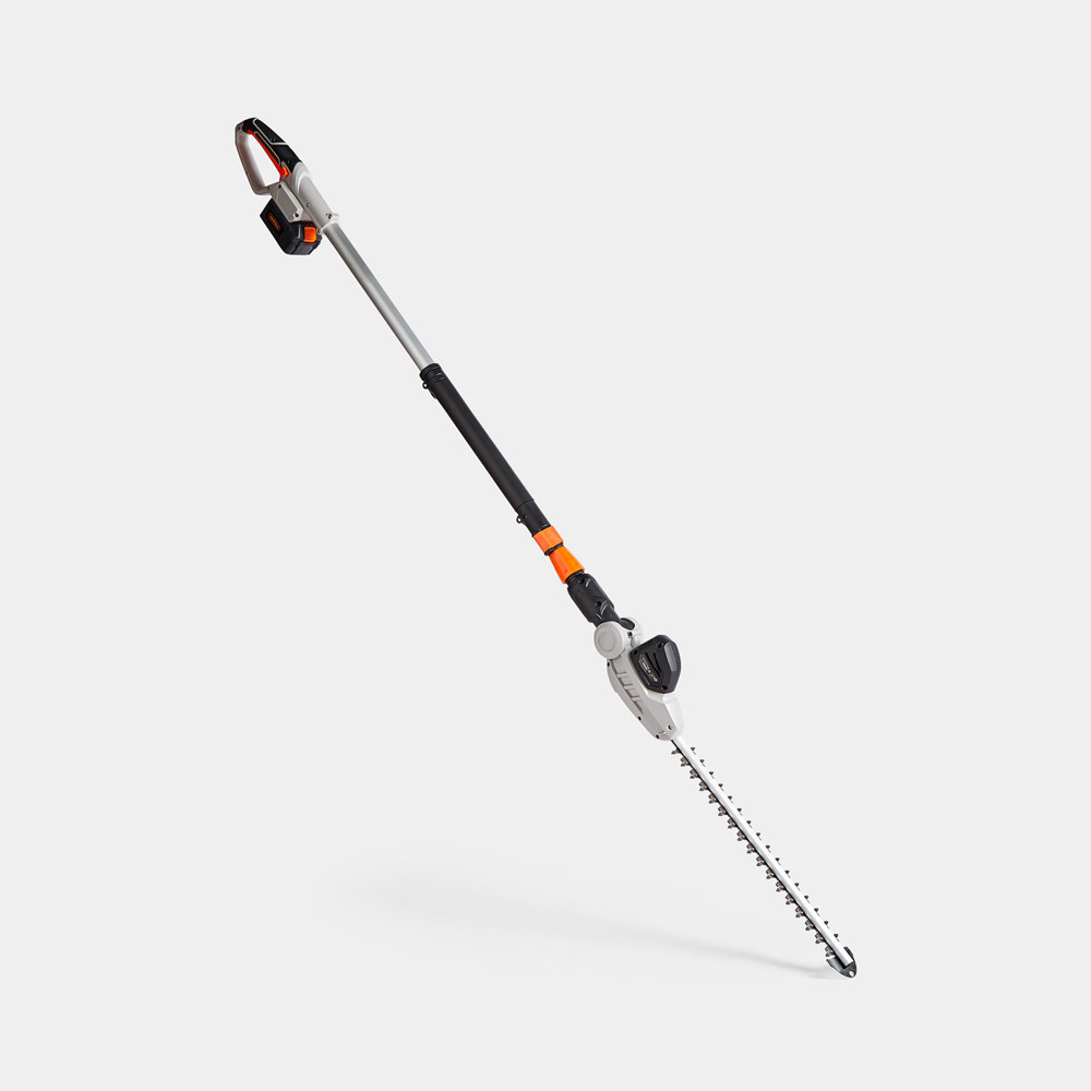 40V cordless pole hedge trimmer in grey with an extendable shaft, orange accents, and a sharp, dual-action blade for efficient trimming.