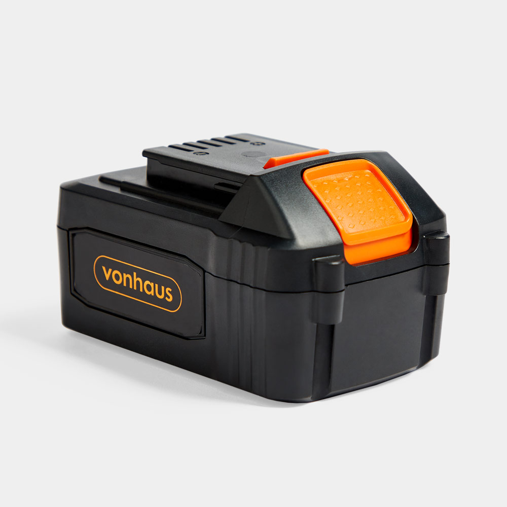 Black and orange 40V spare battery by VonHaus, featuring a textured grip on top and a secure connector for easy attachment to compatible tools.