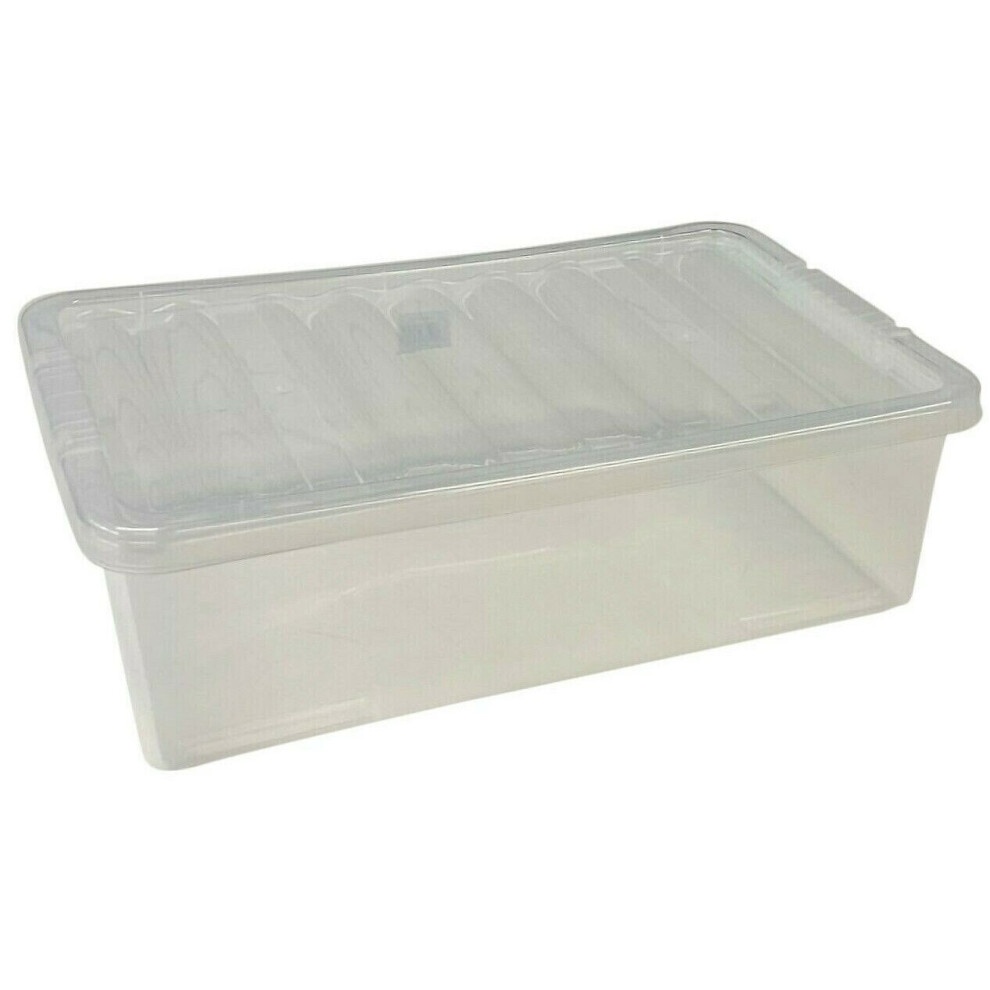 Clear plastic underbed storage box with a 32L capacity, featuring a sturdy lid and ribbed design for added strength.