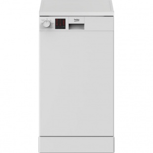 Slimline white dishwasher with a sleek design, featuring a control panel with a dial and digital display, accommodating 10 place settings.
