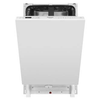 White integrated slimline dishwasher with a sleek design, featuring a control panel on the top edge, designed for 10 place settings, and suitable for under-counter installation.