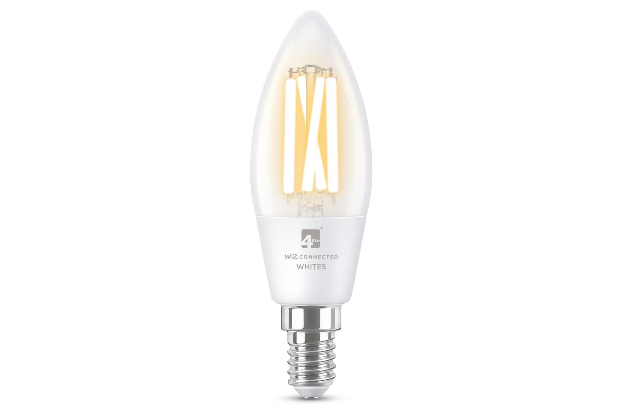 A clear, glass smart bulb with a B22 base, featuring a tapered shape and visible filament design, labeled "WiZ Connected" for smart home integration.