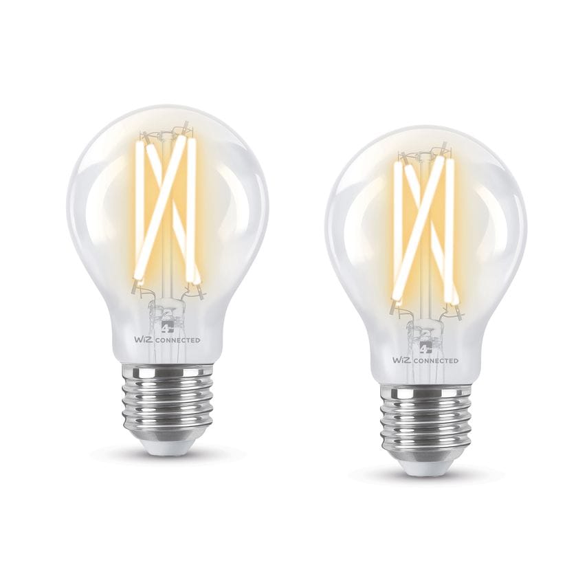 Clear glass A60 filament bulb with E27 base, featuring visible warm white LED filaments arranged in an X pattern, designed for smart connectivity.
