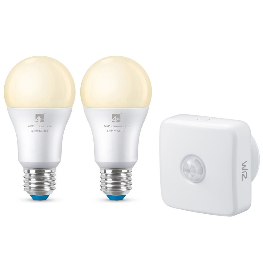 Two warm white WiFi LED smart bulbs with E27 bases, featuring a dimmable design, accompanied by a small white WiZ smart hub for connectivity.