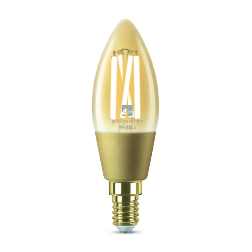 Amber filament bulb with a C35 shape, E14 base, and a gold-colored metal base, designed for smart lighting with a warm glow.