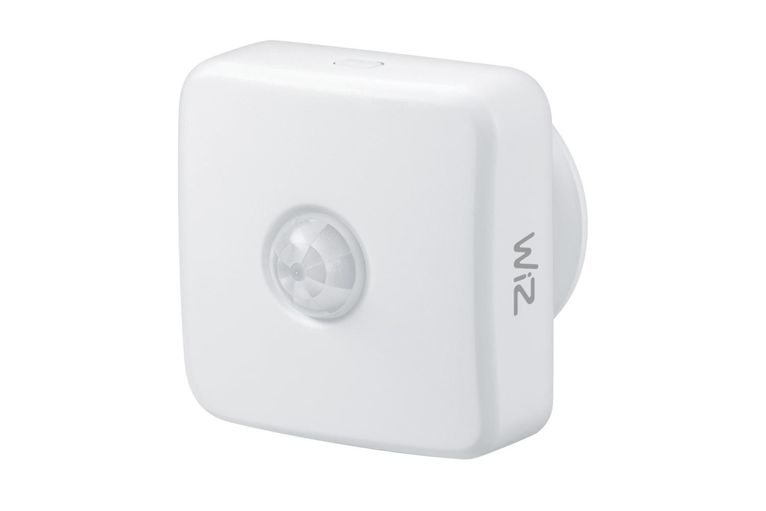 White square smart motion PIR sensor with a circular detection lens, featuring the "WiZ" logo on the side, designed for easy wall or ceiling mounting.