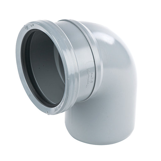 Grey 90° spigot bend made of durable plastic, featuring a smooth finish and a 110mm diameter connection for efficient drainage in soil pipe systems.