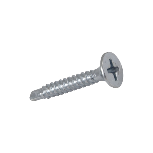Bright zinc plated 75mm drywall screw with a flat head and cross slot, showcasing a shiny metallic finish, designed for secure fastening, available in a pack of 500.