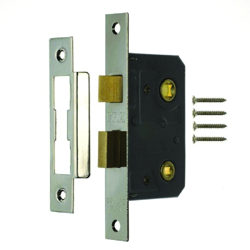Chrome mortice bathroom lock with a 64mm faceplate, featuring a black body, two brass bolts, a strike plate, and three screws for installation.