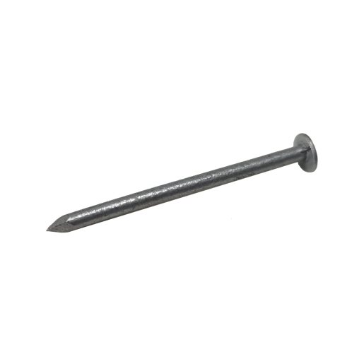 Galvanised round wire nail, 40mm in length, with a smooth, shiny metallic finish and a flat head, displayed diagonally against a white background.