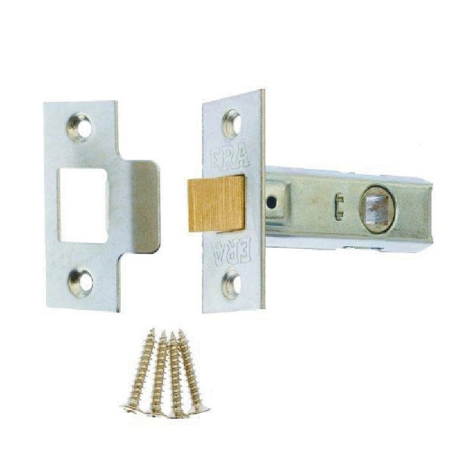 Satin-finished 64mm tubular mortice latch with a rectangular faceplate, brass bolt, and included screws for installation.
