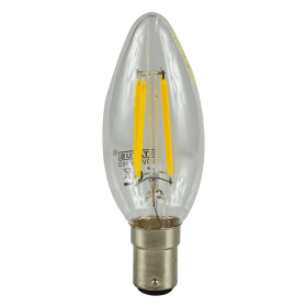 Clear glass candle-shaped LED filament bulb with two visible yellow filaments, featuring a silver SBC base.