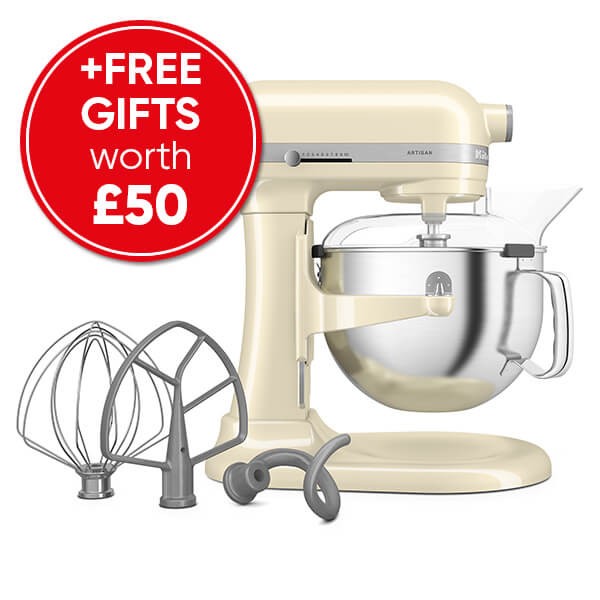 KitchenAid 5KSM60SPXBAC Bowl-Lift Stand Mixer in almond cream with a stainless steel bowl, wire whisk, flat beater, and dough hook included.