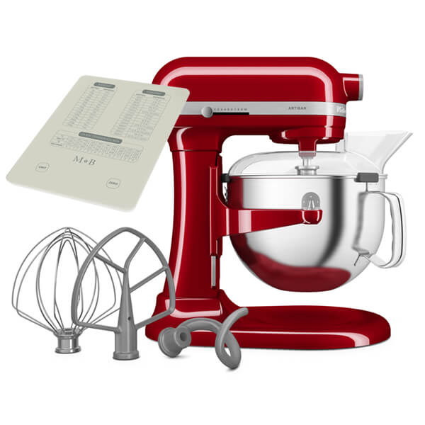 KitchenAid 5KSM60SPXBER Bowl-Lift Stand Mixer in Empire Red with a stainless steel bowl, mixing attachments, and a transparent pouring shield.