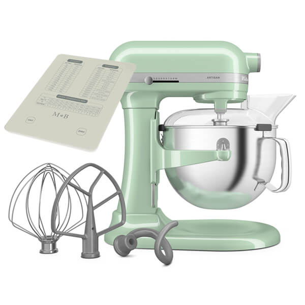 Pistachio green KitchenAid 5KSM60SPXBPT bowl-lift stand mixer with a 5.6L stainless steel bowl, includes multiple attachments and a clear pouring shield.