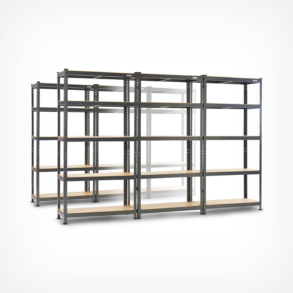 Five-tier metal racking system in black with wooden shelves, featuring a sturdy design and ample storage space, ideal for garages or workshops.