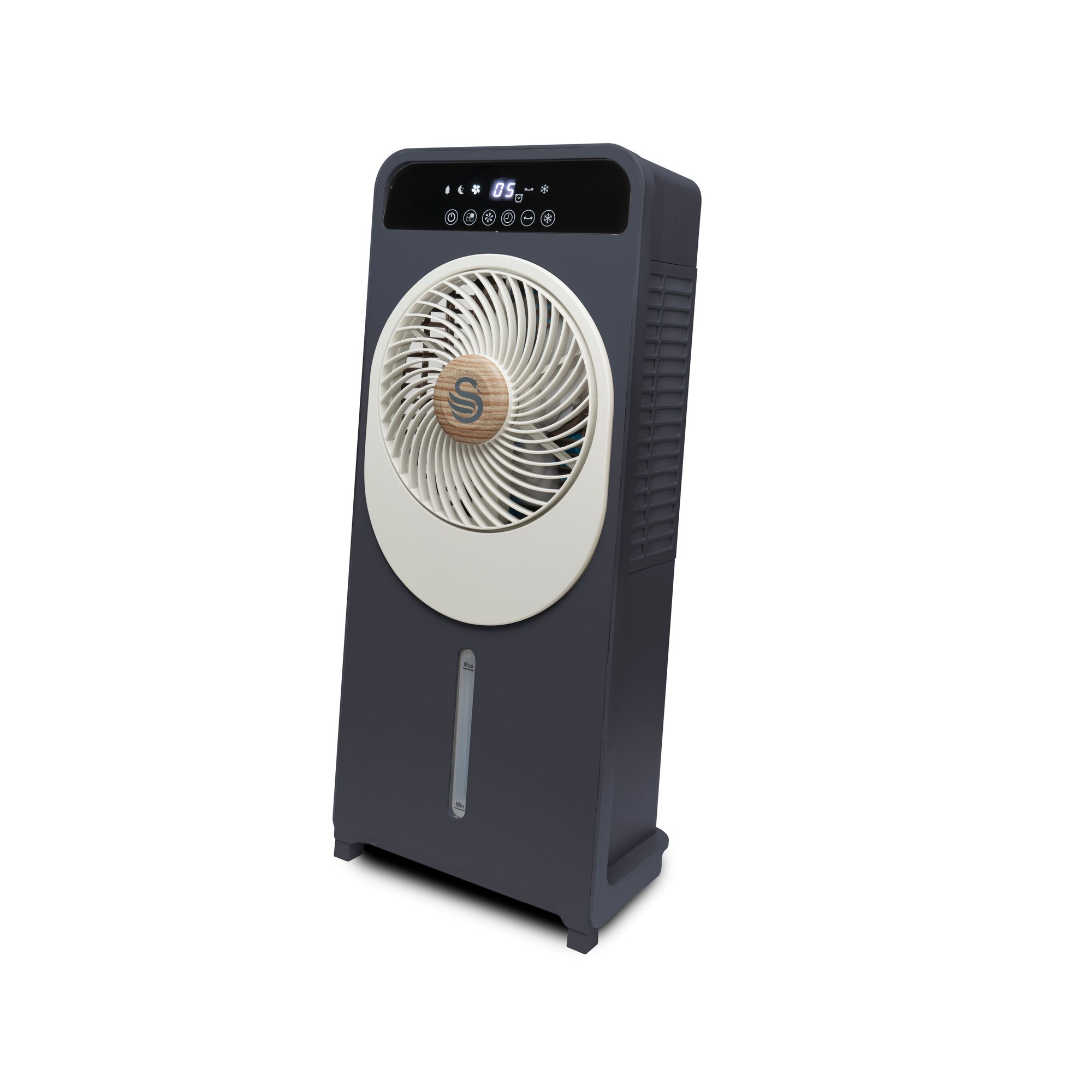 Swan's 5 Litre Nordic Air Cooler features a sleek black and white design, a prominent fan with a circular grille, digital display, and control buttons on the top.