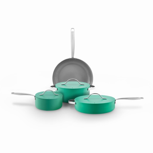 Five-piece cookware set featuring vibrant teal pots with matching lids and a sleek gray frying pan, all with stainless steel handles for easy handling.