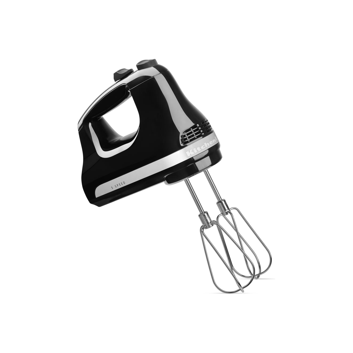 Onyx black KitchenAid 5-speed hand mixer with a sleek design, featuring a comfortable handle, stainless steel beaters, and easy-to-use speed controls.