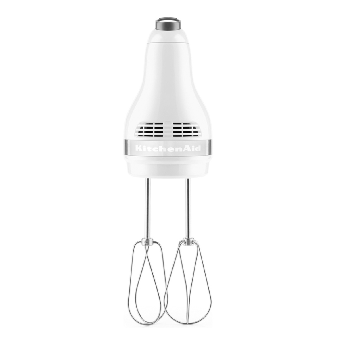 White KitchenAid hand mixer with a sleek design, featuring five speed settings, a chrome band, and two stainless steel beaters attached.