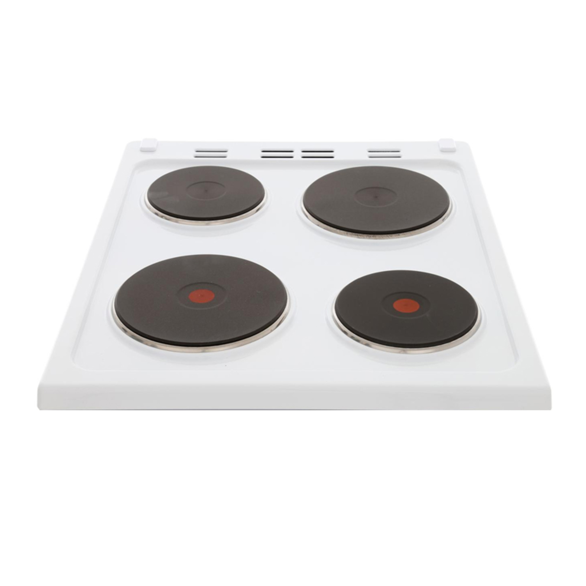 White electric double oven with grill, featuring four black ceramic cooking zones, a smooth surface, and a sleek design, ideal for efficient cooking in compact spaces.