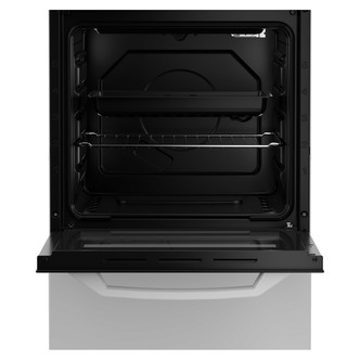 White Zenith ZE501W 50cm single oven gas cooker with a 55-litre capacity, featuring a black interior, two adjustable shelves, and a sleek, minimalist design.