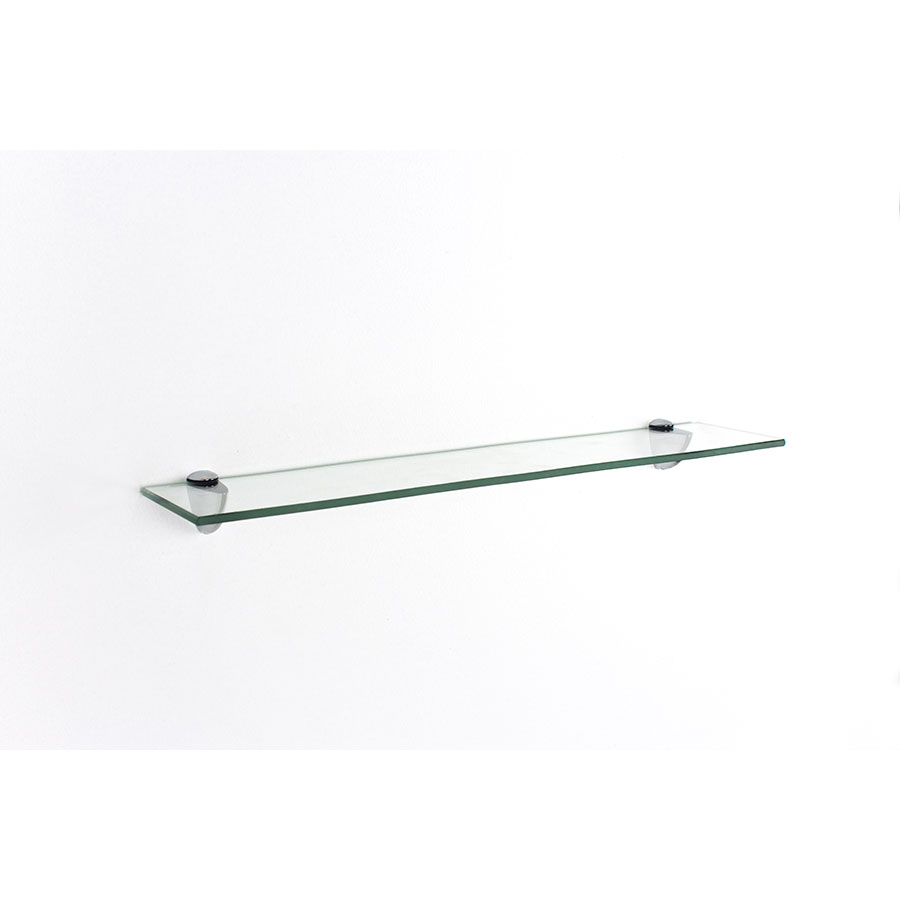 Clear glass shelf measuring 50 x 10 cm, featuring sleek black wall mounts, designed for modern decor and easy installation.