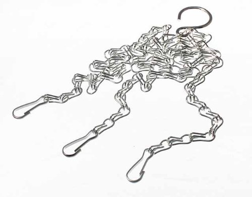 Shiny silver metal chain with a hook at the top and multiple clips at the bottom, designed for hanging or securing items.