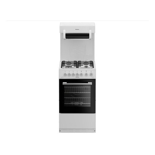 White 50cm single oven gas cooker with a glass oven door, four gas burners on top, and control knobs at the front, featuring a sleek and modern design.