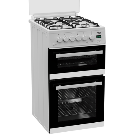 Freestanding white gas cooker with double ovens, black glass doors, four gas burners on top, and control knobs in front, featuring a sleek design by Beko.