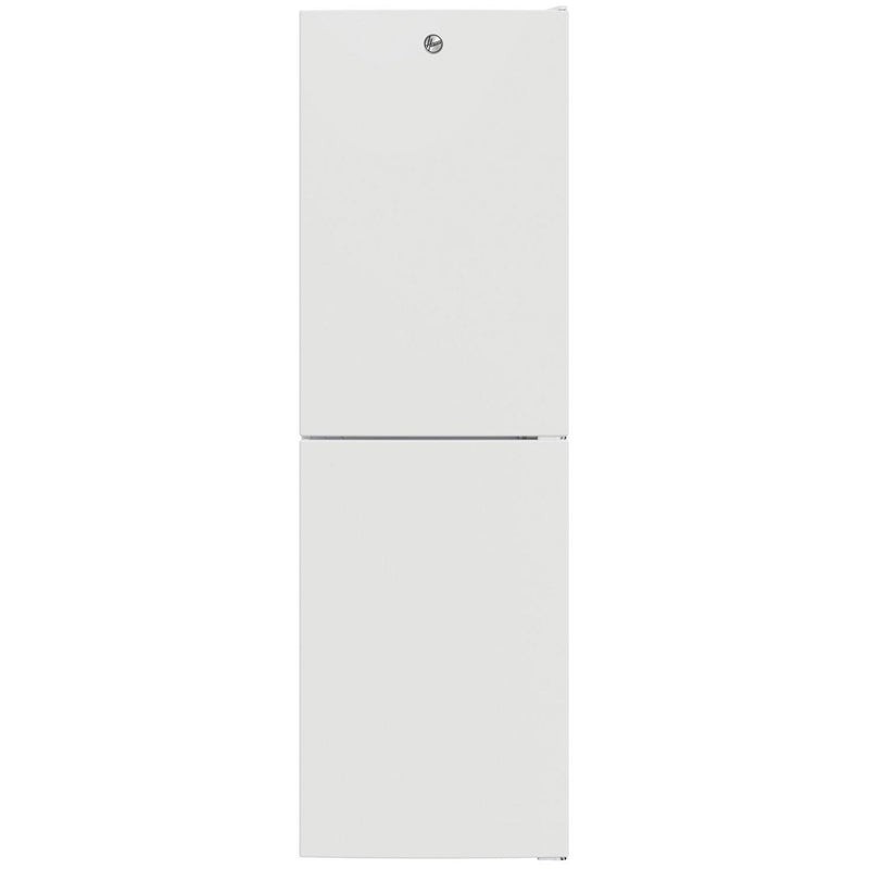 White Hoover HVT3CLECKIHW fridge freezer, featuring a sleek design with a top fridge compartment and bottom freezer, measuring 54.5cm in width.