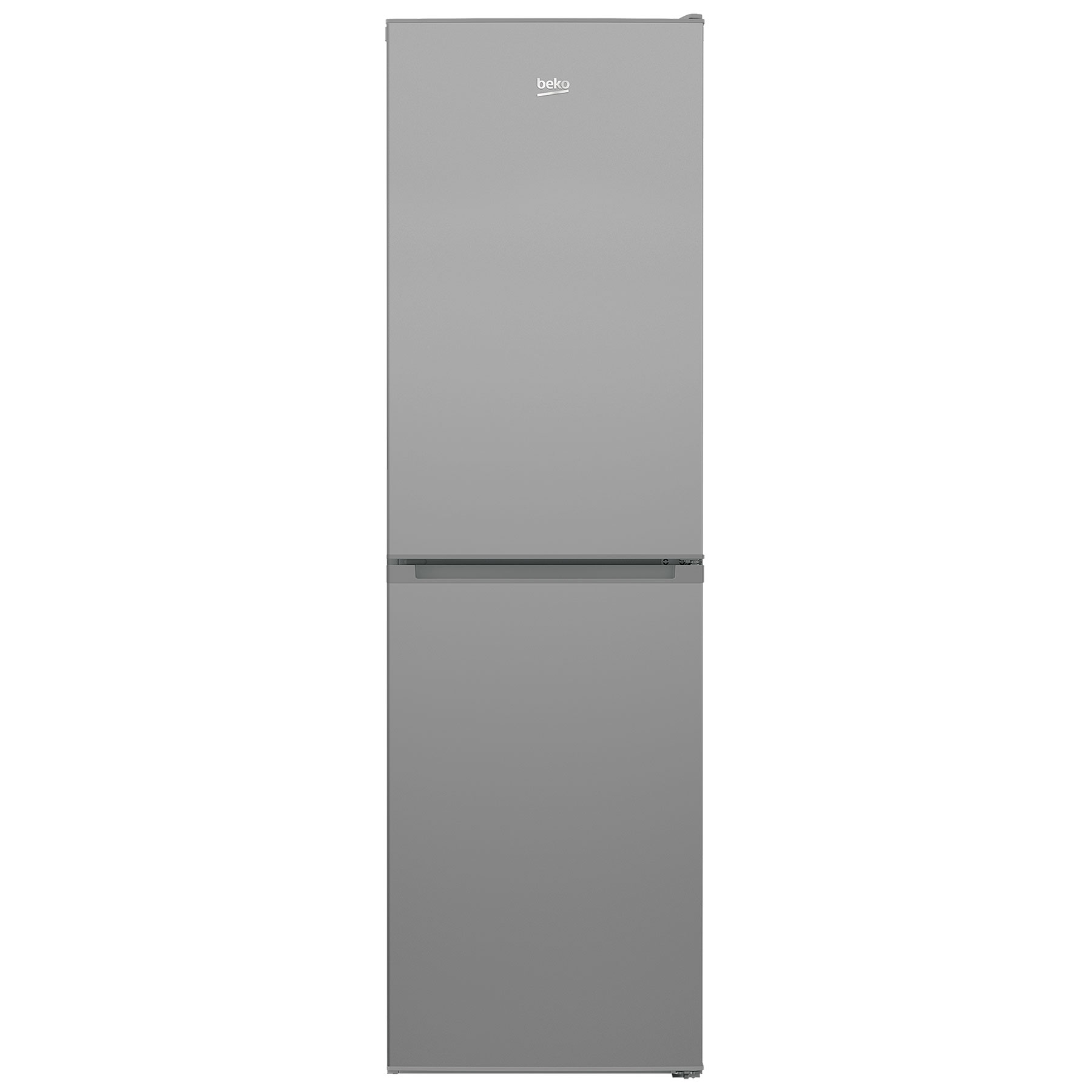 Silver Beko CCFM4582S frost-free fridge freezer with a sleek, modern design, featuring a top refrigerator compartment and a bottom freezer drawer.