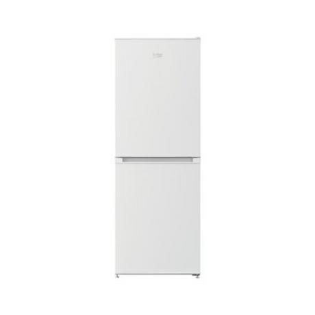 White Beko CCFM4552W frost-free fridge freezer with a sleek design, featuring a top refrigerator compartment and a bottom freezer drawer.