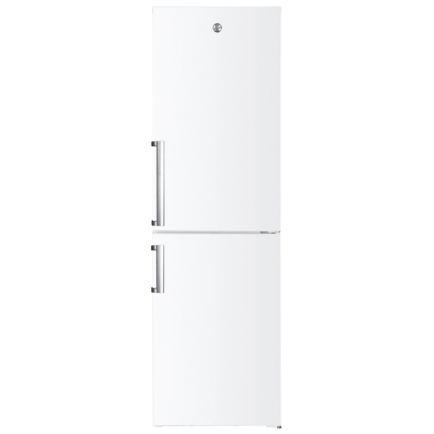White Hoover HOCH1T518EWHK fridge freezer with a sleek design, featuring a top refrigerator compartment and a bottom freezer, complemented by a silver handle.