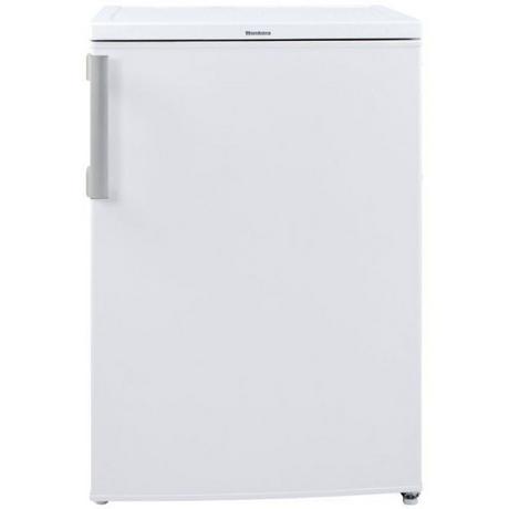 Blomberg FNE154P frost-free under counter freezer in white, featuring a sleek design, a single handle, and adjustable feet for stability.