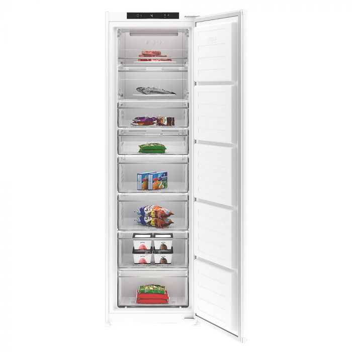 Integrated frost-free freezer in white, featuring multiple transparent drawers for easy visibility, sleek design, and a digital control panel at the top.