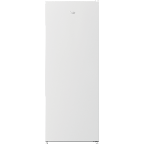 Tall freestanding larder fridge in white, featuring a sleek design with a smooth finish and a minimalist look, ideal for kitchen storage.