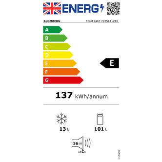 Freestanding white under counter fridge with ice box, featuring an E energy rating, 137 kWh/annum, 13L freezer capacity, and 101L fridge capacity.