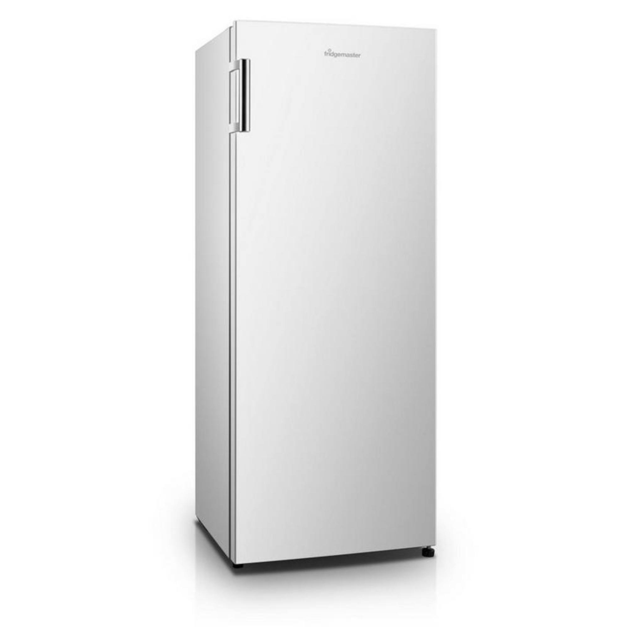 Tall white larder fridge with a sleek design, featuring a single stainless steel handle and a smooth finish, standing 55cm high by Fridgemaster.
