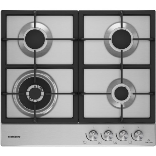 Stainless steel 60cm gas hob featuring four burners with black cast iron supports and control knobs at the front for easy operation.