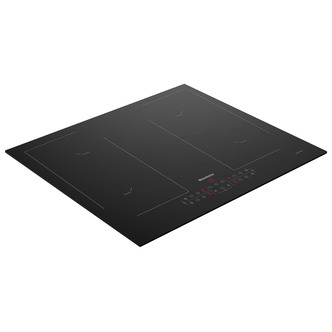 Black 60cm induction hob with a smooth ceramic surface, featuring three cooking zones and touch controls for precise temperature adjustments.