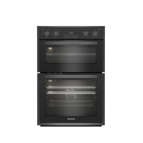 Built-in electric double oven in dark steel with sleek glass doors, control knobs at the top, and two spacious cooking compartments for versatile meal preparation.