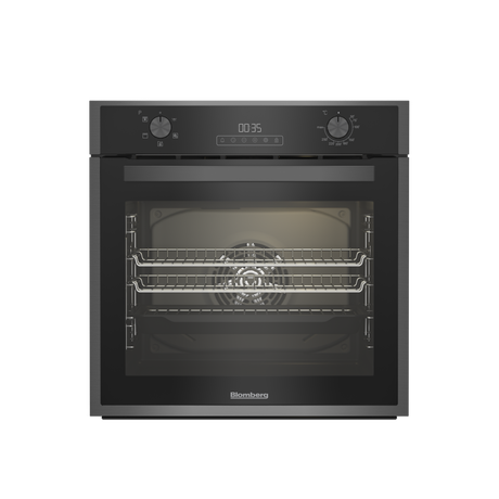 Built-in electric single oven in dark steel with a sleek front panel, dual control knobs, digital display, and visible interior racks.