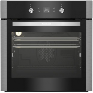 Stainless steel built-in electric single oven featuring a sleek black front, digital display, two control knobs, and a large glass door for easy viewing.