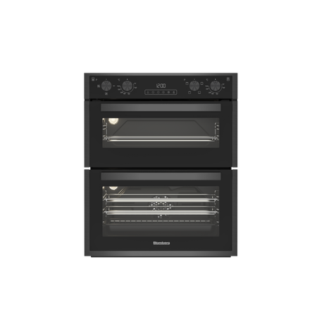 Built-in electric double oven in dark steel, featuring two glass-fronted compartments, control knobs on top, and a sleek, modern design.