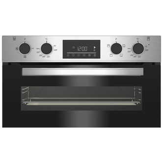 Stainless steel built-under electric double oven with a sleek design, featuring a digital display, control knobs, and a large glass viewing window.