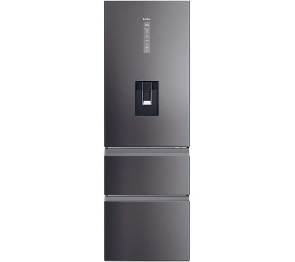 Frost-free fridge freezer in dark inox finish, featuring a sleek design, water dispenser, and three compartments for optimal storage.