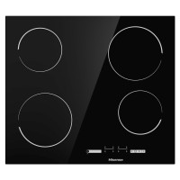 Black ceramic hob featuring four circular cooking zones and touch controls at the bottom, designed for modern kitchens.