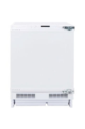White integrated under counter freezer with a smooth finish, featuring a single door, a handle, and ventilation grilles at the bottom for optimal airflow.